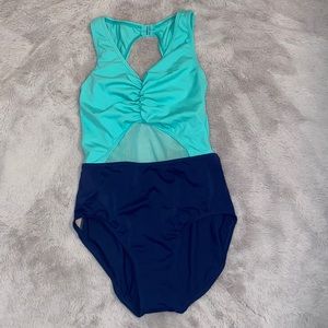 Teal and navy blue leotard